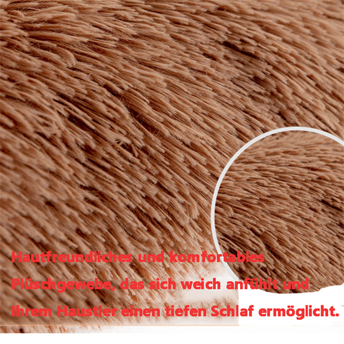 Nahaufnahme von braunem, flauschigem Stoff. Text: 'Hautfreundliches und komfortables Plüschgewebe... für Ihren Haustier'.