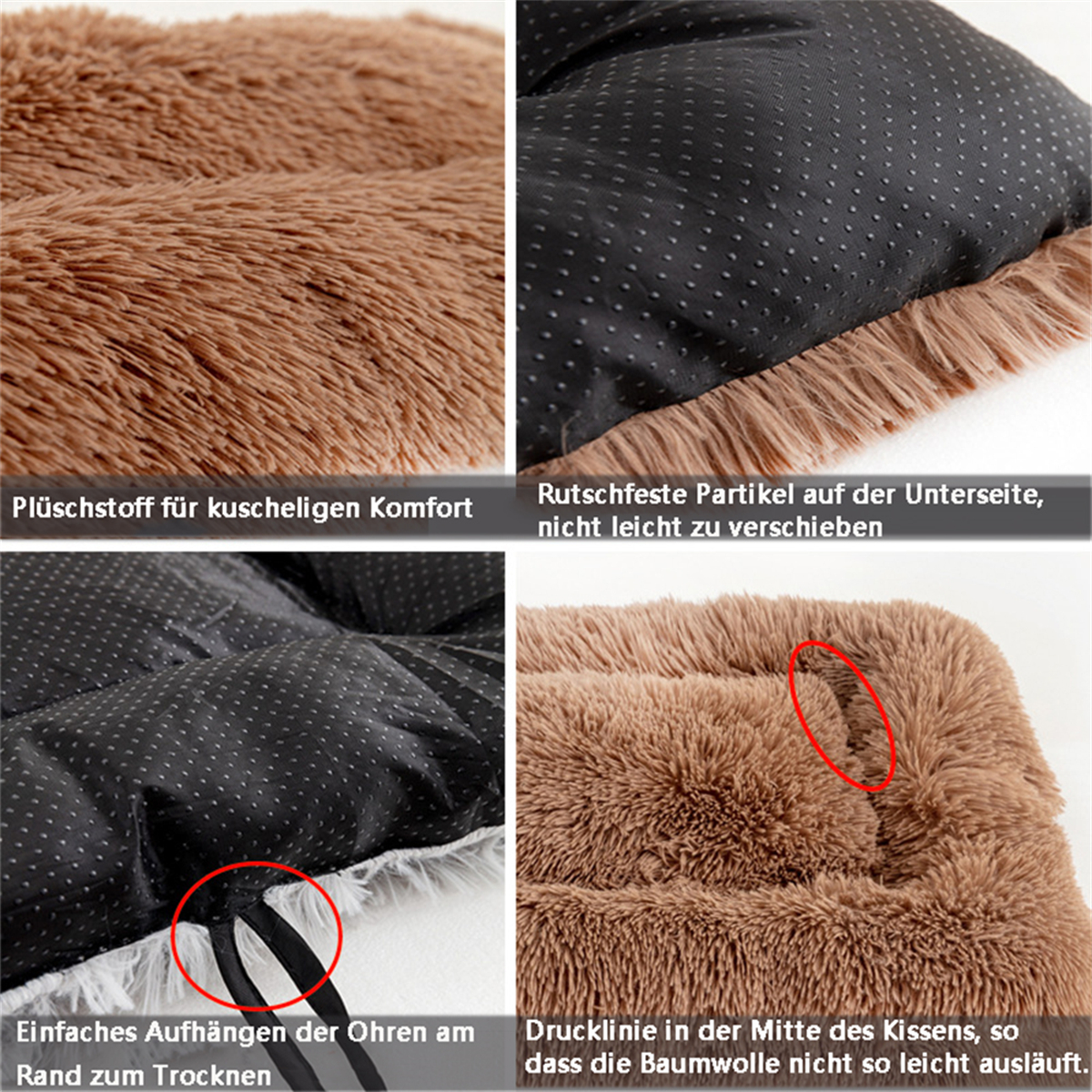 Nahaufnahme eines Haustierbettes mit braunem, flauschigem Stoff und rutschfestem Boden.