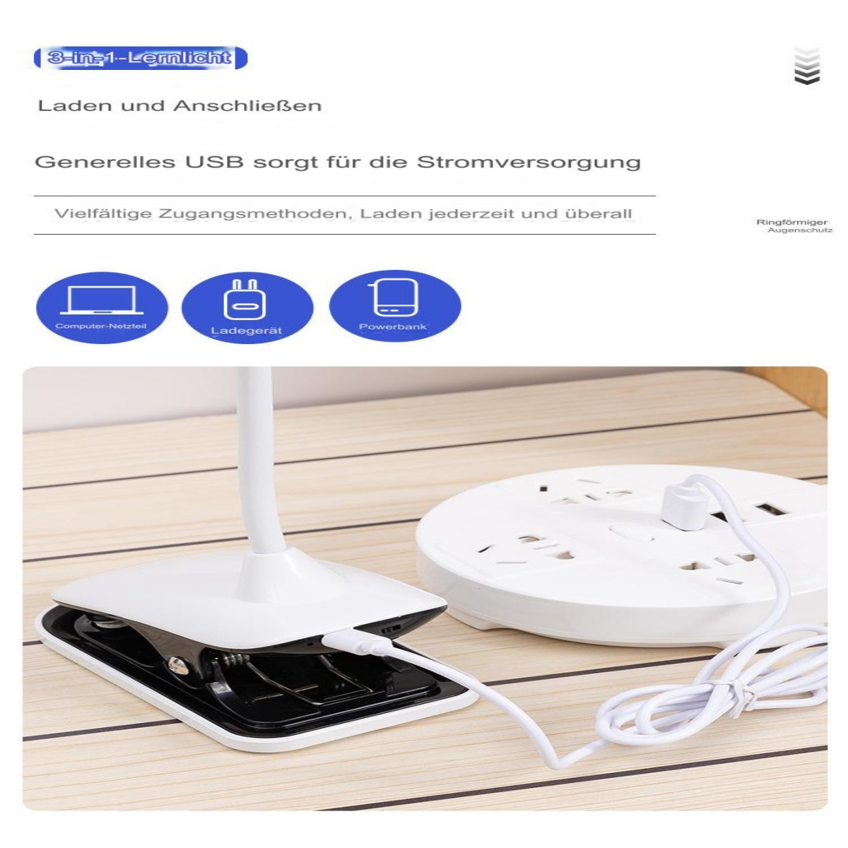 Weiße Schreibtischlampe an Holzoberfläche geklemmt, verbunden mit einer Steckdosenleiste mit USB-Anschlüssen.