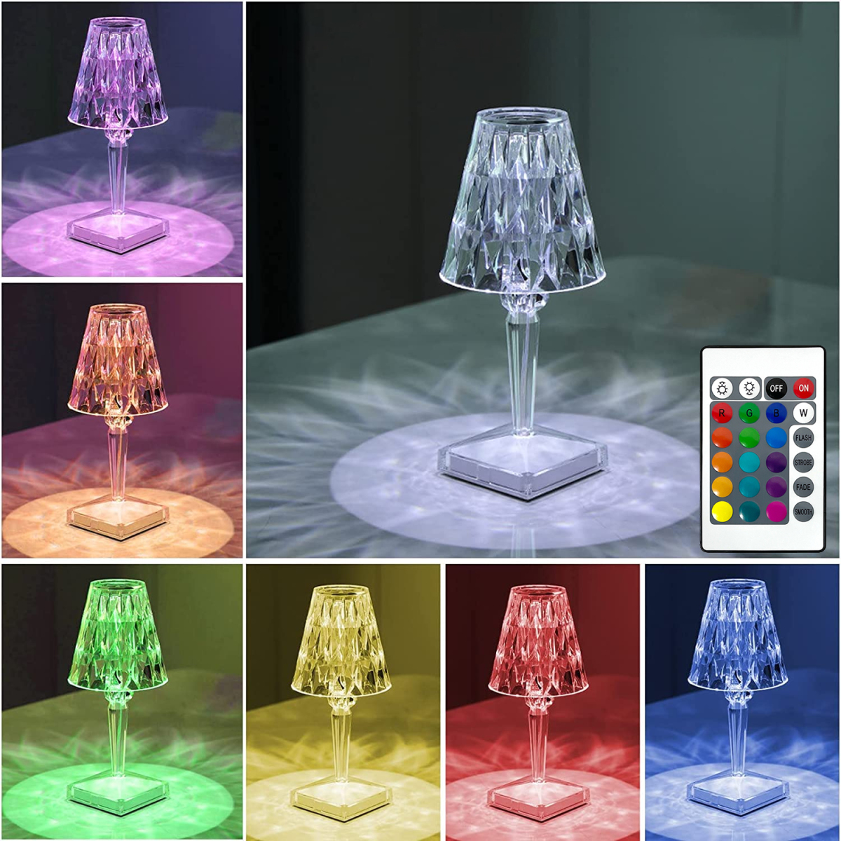 Ein Satz Kristalllampen in verschiedenen Farben. Eine Fernbedienung befindet sich rechts. Die Lampen stehen auf einem Tisch.