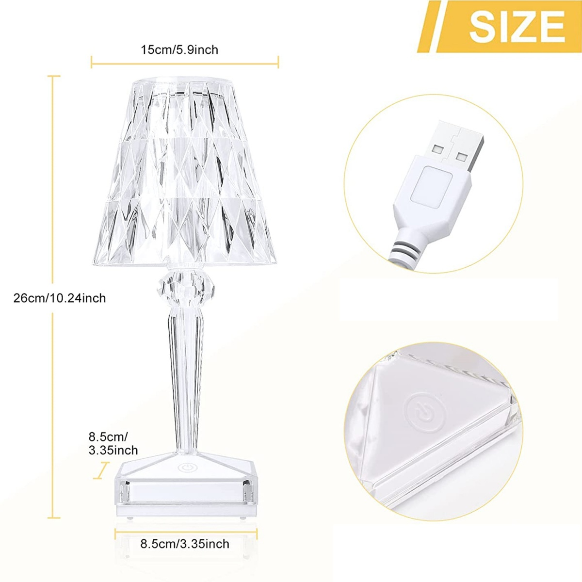 Eine klare Kristall-Tischlampe mit geometrischem Schirm und USB-Kabel. Abmessungen sind ebenfalls angegeben.