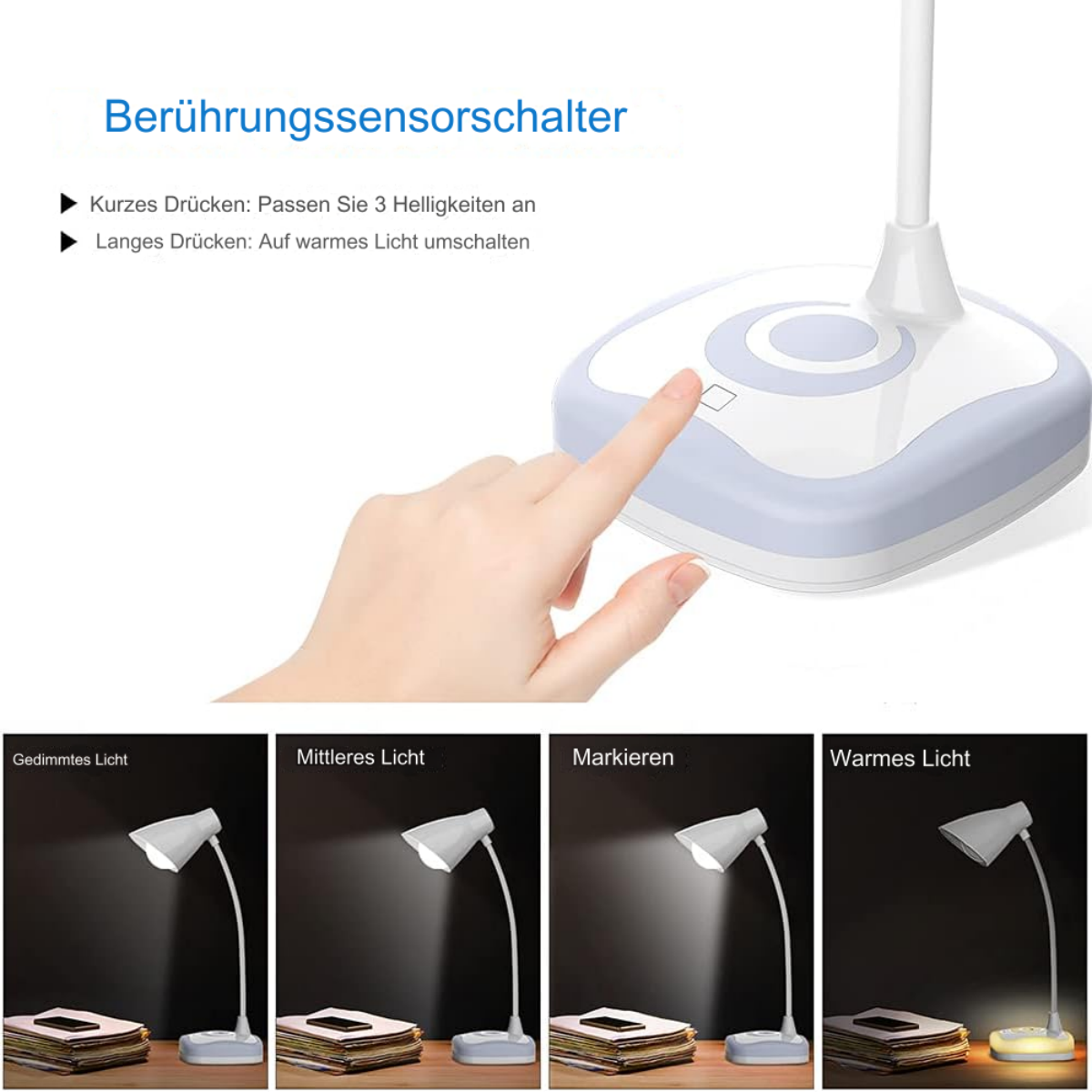 Hand berührt Touch-Sensor-Lampe mit verschiedenen Lichteinstellungen und Beschreibungen.