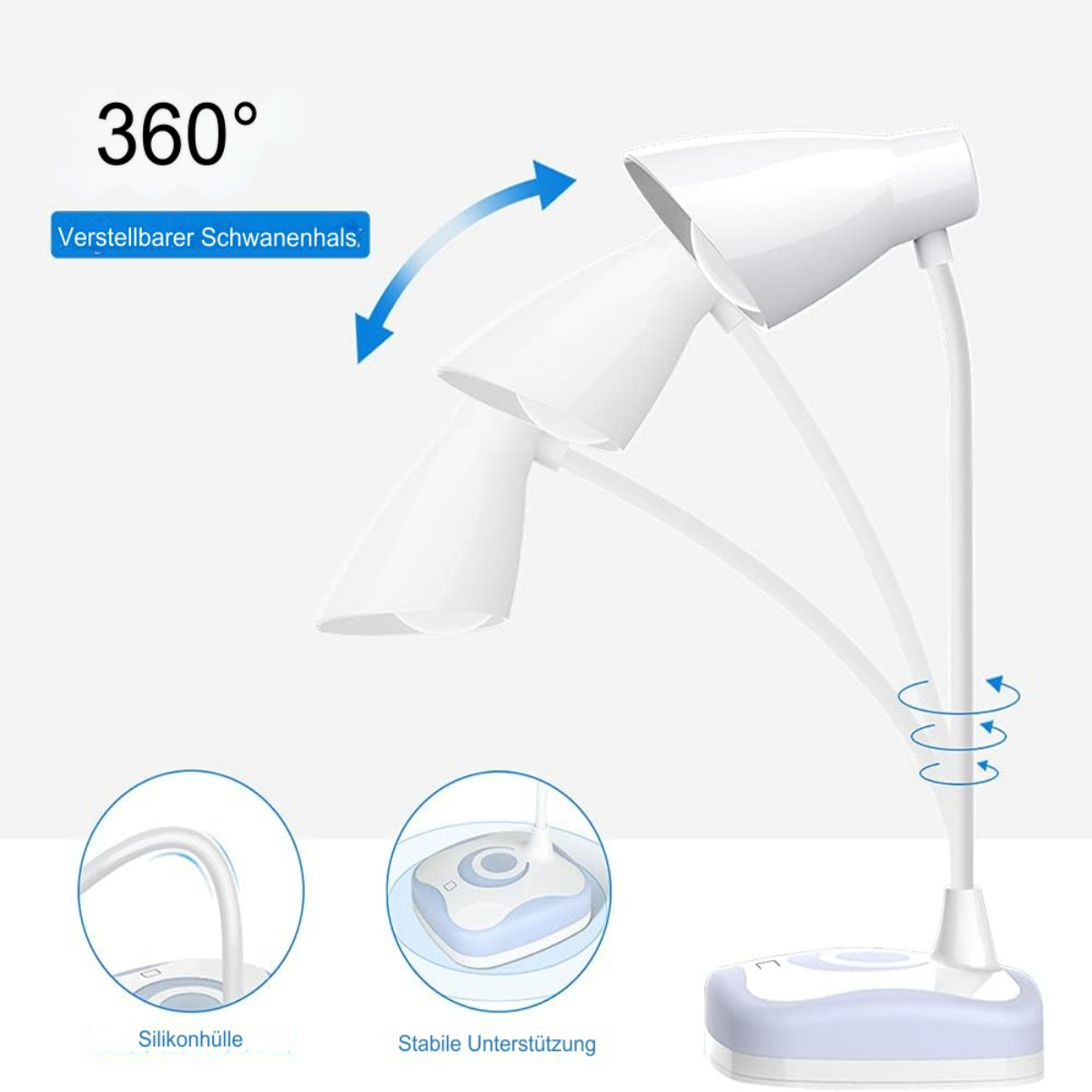 Eine weiße Schreibtischlampe mit verstellbarem Arm und Fuß. Merkmale sind Silikonhülle und stabile Unterstützung.