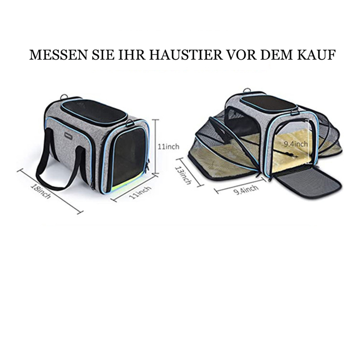 Haustierträger geöffnet und geschlossen, mit Maßangaben. Der Träger ist grau und schwarz.