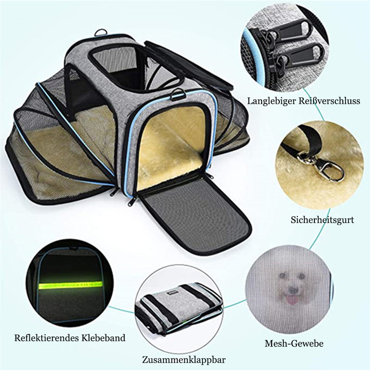 Grauer Tier-Träger mit Mesh-Fenstern, offene Front. Details umfassen Reißverschlüsse, Sicherheitsgurt und Reflexstreifen.