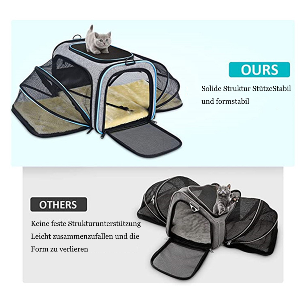 Eine Katzentransporttasche, die eine Katze darin zeigt. Die Tasche hat Seiten aus Mesh und eine obere Öffnung.
