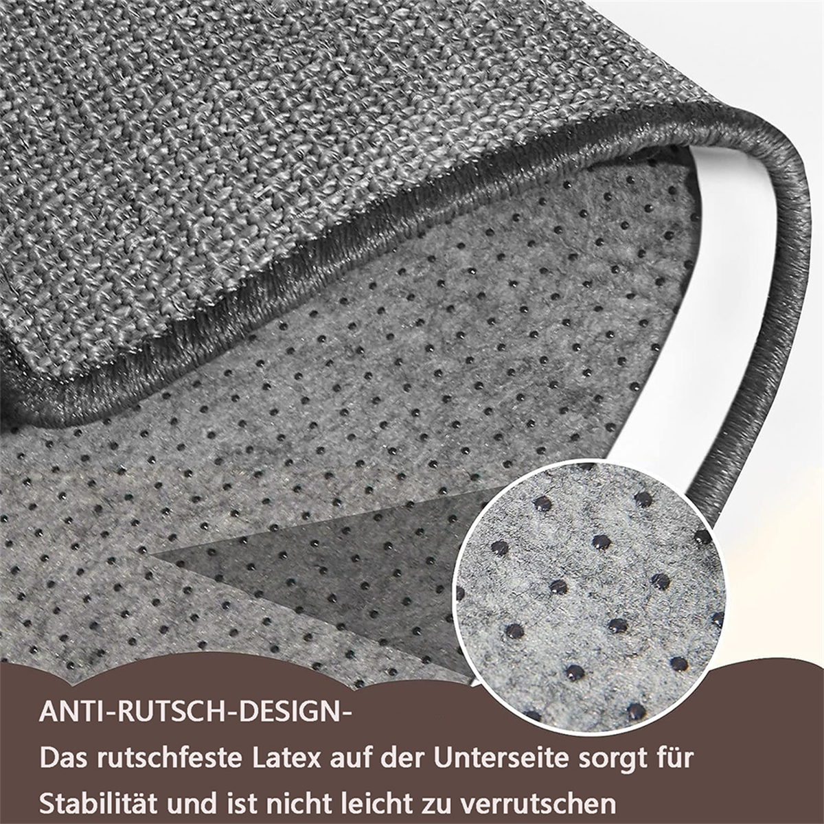 Nahaufnahme einer grauen Matte mit strukturierter Oberfläche und Gummipunkten auf der Rückseite.