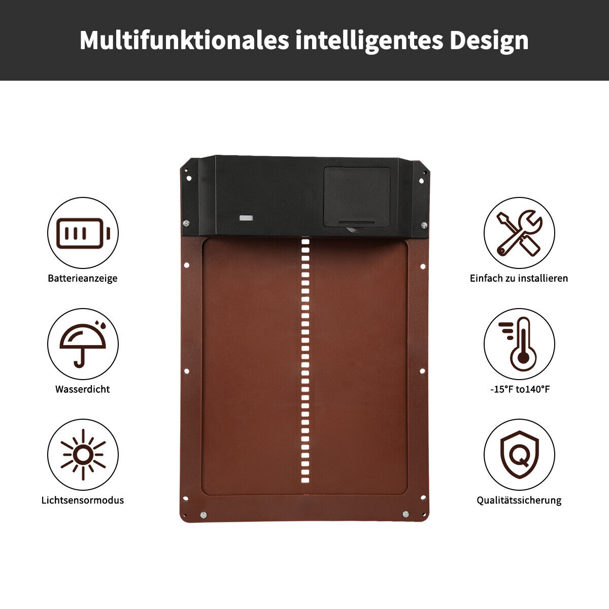Eine braune automatische Hühnerstalltür mit Symbolen. Zeigt Batterie, Sonne und weitere Funktionssymbole.