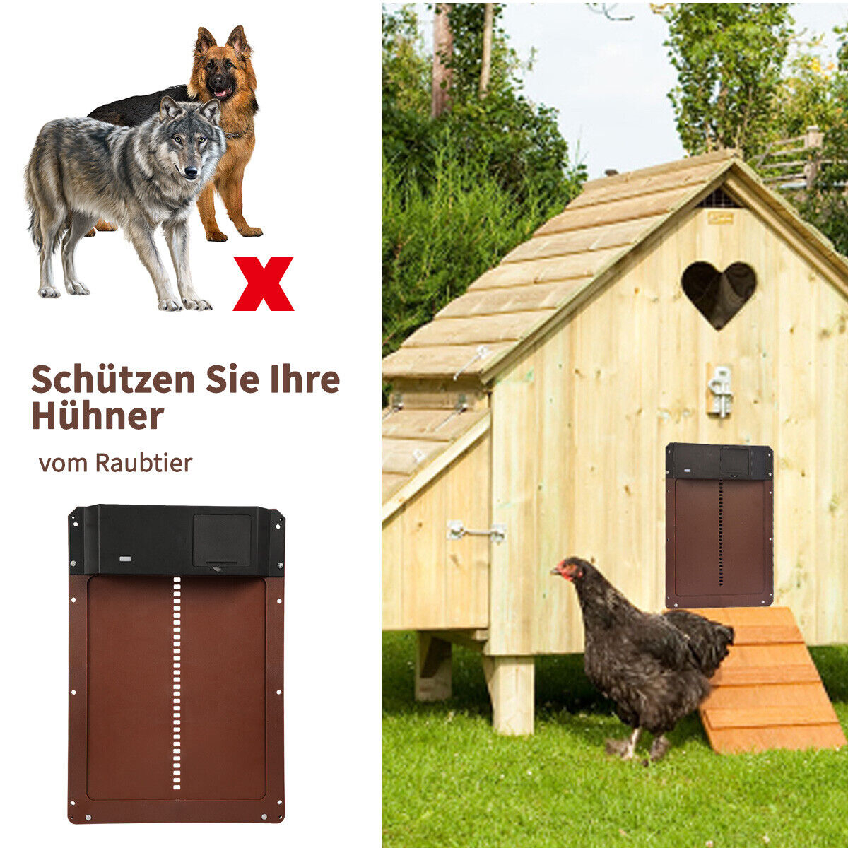 Ein Hundehütte mit einem Huhn und einem Warnsymbol von zwei Wölfen mit rotem X. Es ist ein Haustierschutzgerät.