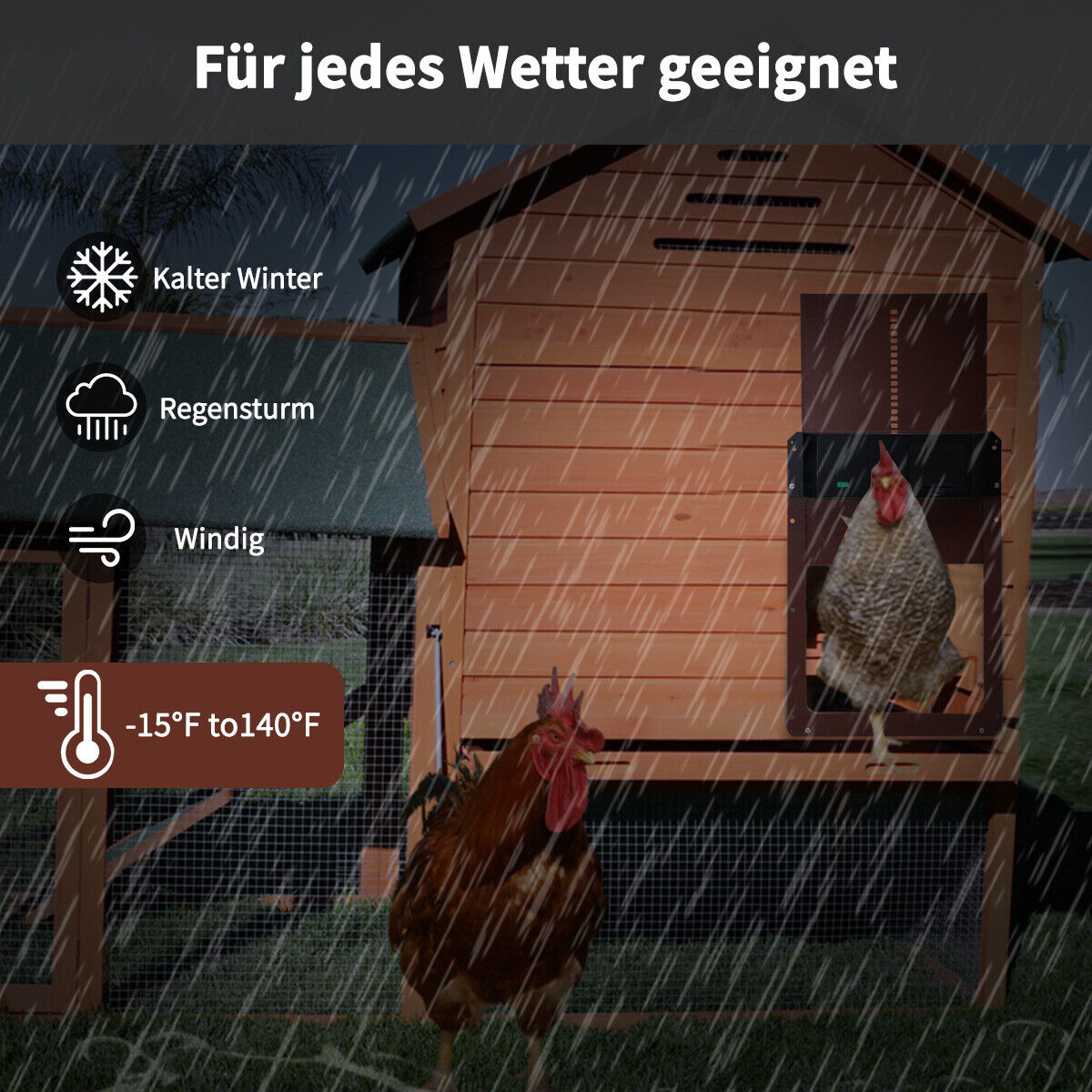 Hühnerstall mit Hahn und Henne, mit Regen- und Schneesymbolen.