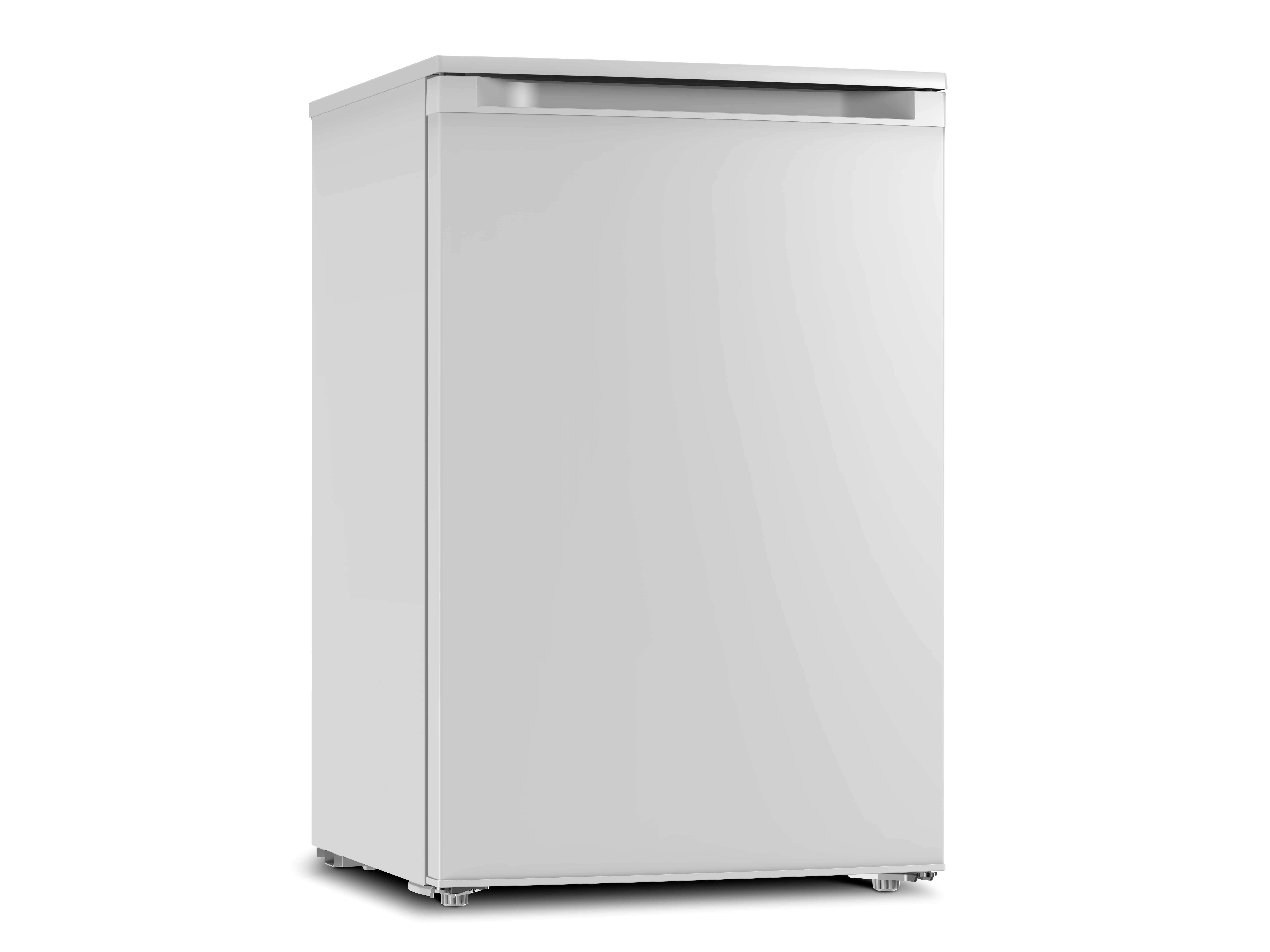 Ein weißer Kühlschrank vor weißem Hintergrund. Es ist ein Ein-Türen-Kühlschrank mit Griff oben.