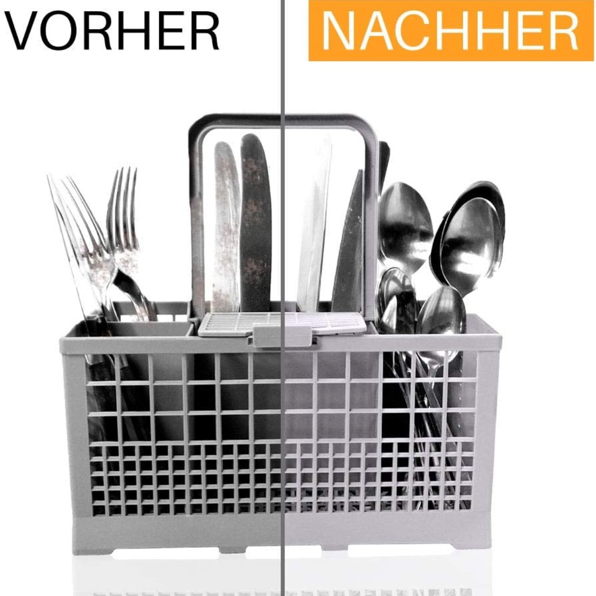 Geschirrspülerkorb mit Besteck, Vorher-Nachher-Vergleich der Reinigung.