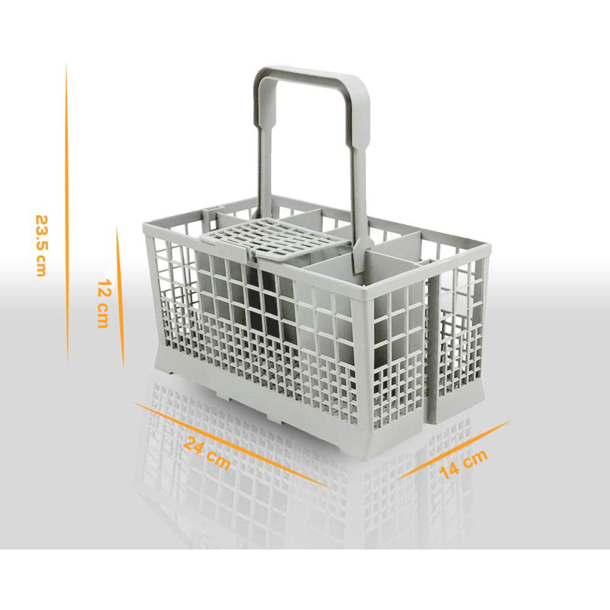 Grauer Geschirrspülkorb mit Maßen: 23,5 cm, 12 cm, 24 cm und 14 cm.