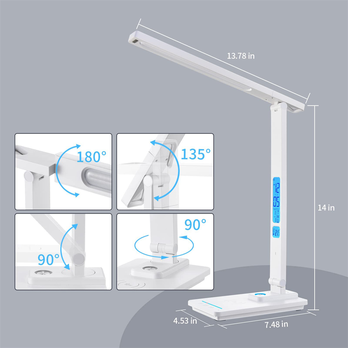 Weiße Schreibtischlampe mit verstellbaren Gelenken und Digitalanzeige, mit Maßangaben.