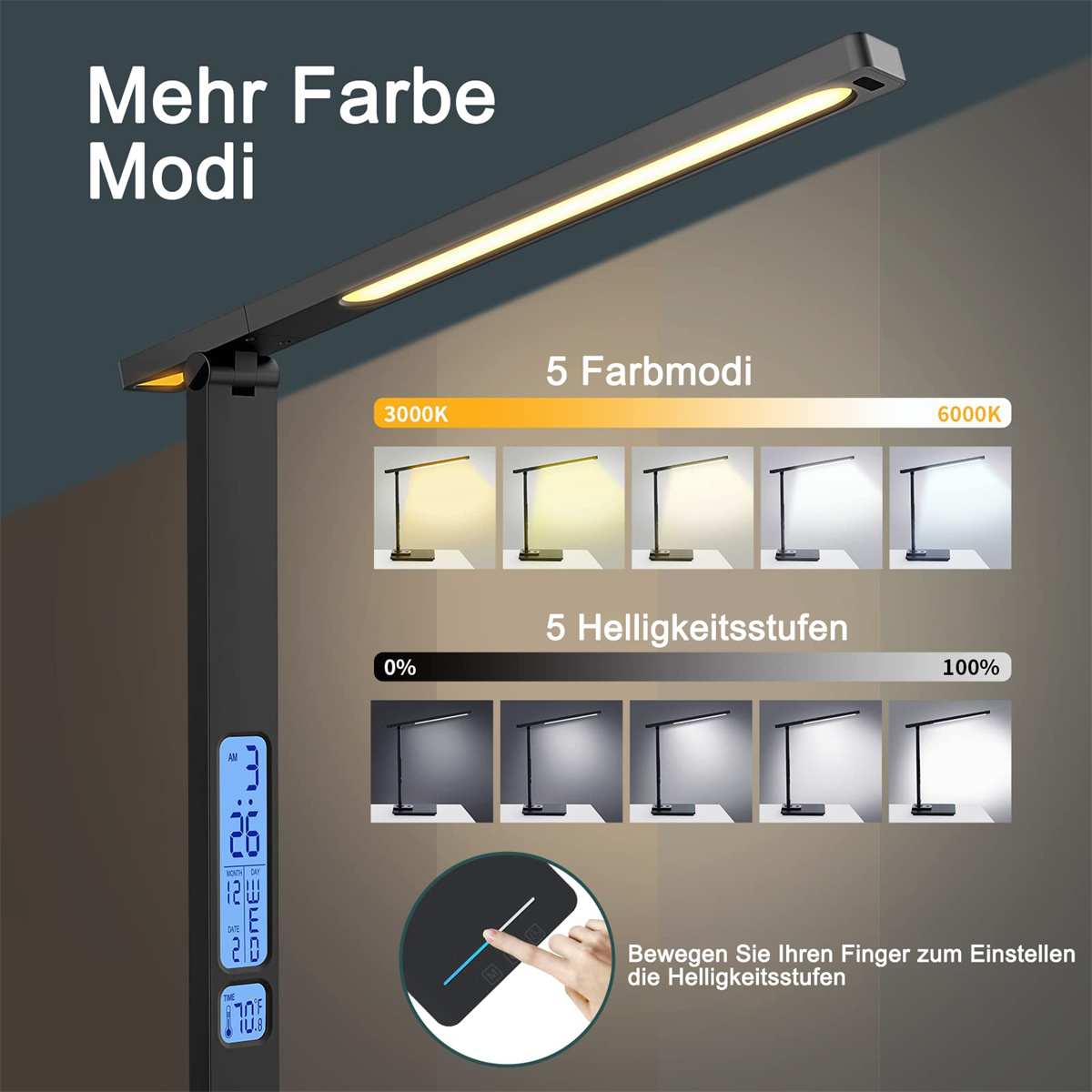 Schwarze Schreibtischlampe mit einstellbaren Einstellungen, die verschiedene Helligkeits- und Farbtemperaturmodi zeigen.