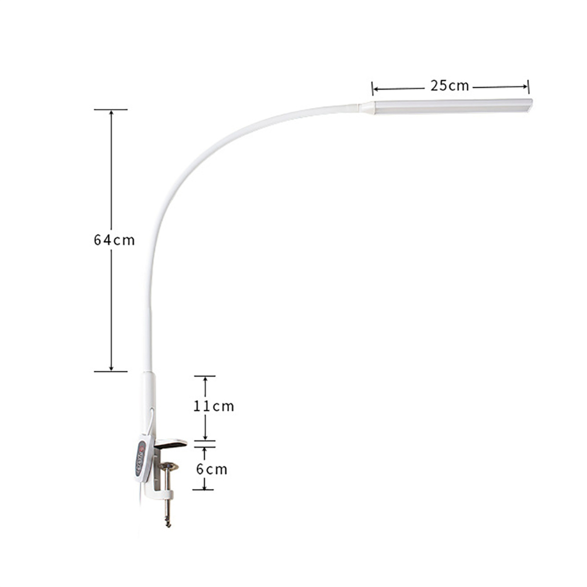 Eine weiße, verstellbare LED-Schreibtischlampe mit Maßen, die an einer Klemme befestigt ist.