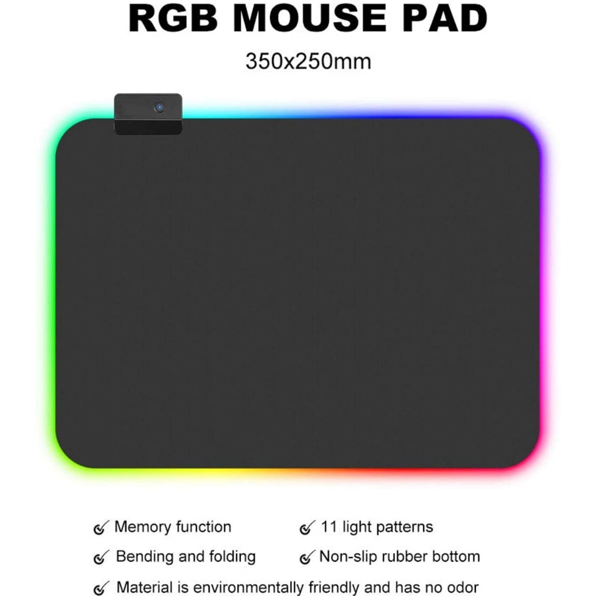RGB-Mauspad. Schwarze Oberfläche mit farbigen Kantenlichtern. Text unten listet Produktmerkmale auf.