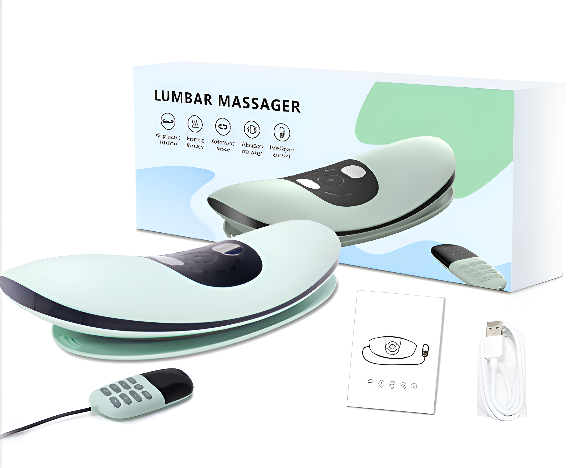 Ein weiß-blauer Lendenwirbel-Massagegerät mit Fernbedienung und Box. Weißer Hintergrund.