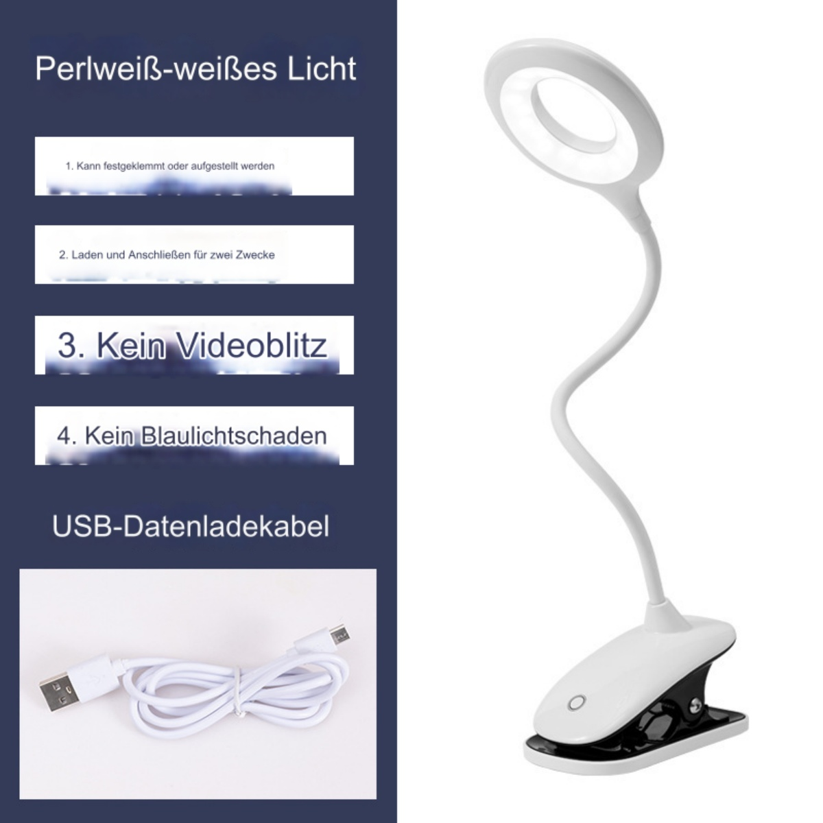 Weiße Schreibtischlampe mit flexiblem Hals und Clipfuß.