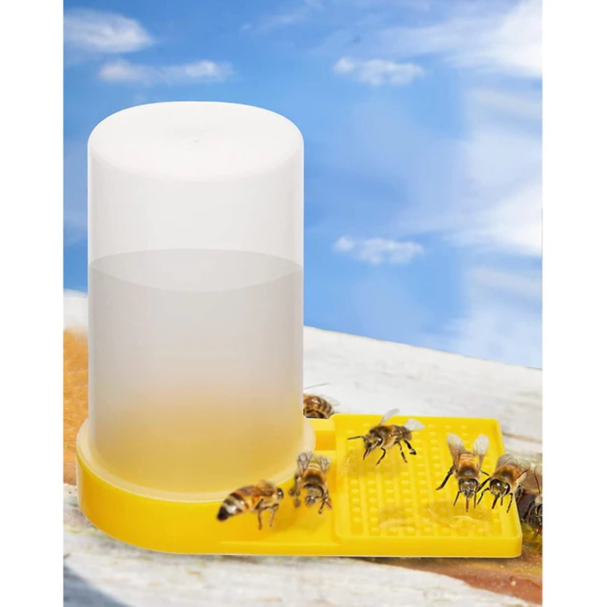Bienen um gelben Futterautomaten mit klarer Flüssigkeit in weißem Behälter, blauer Himmel.