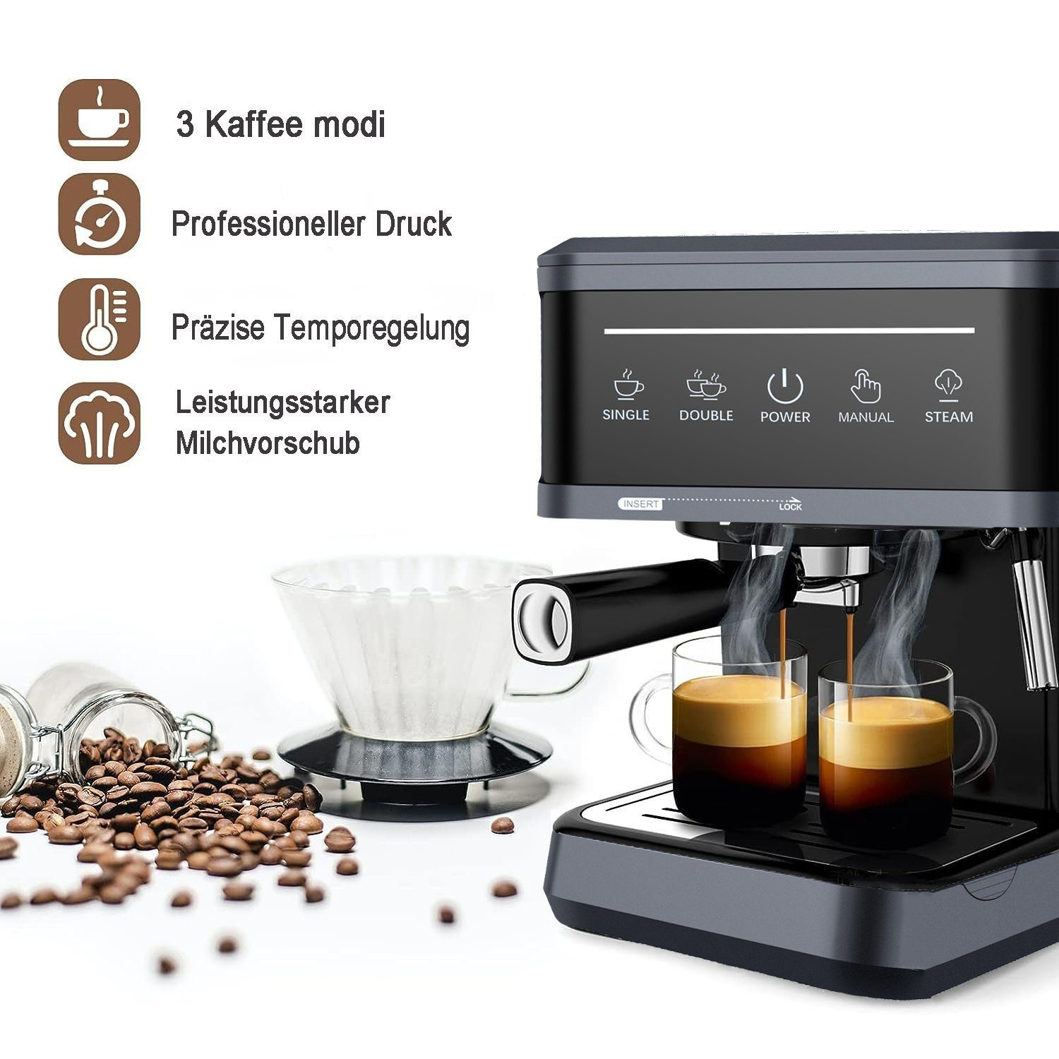 Espressomaschine, dampfend, mit zwei Tassen, Kaffeebohnen und Textetiketten.
