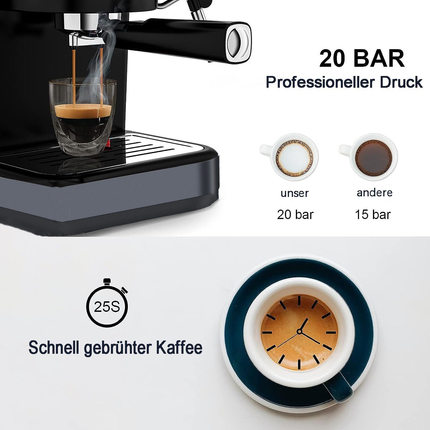 Espressomaschine mit Kaffee, der in ein Glas gegossen wird. Text zeigt Druck und Zeit an.