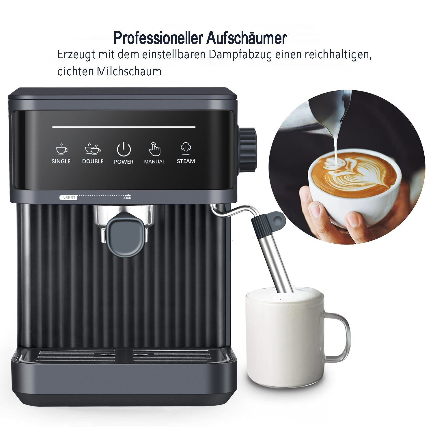 Espressomaschine mit Tasse und Latte Art sowie Text auf Deutsch.