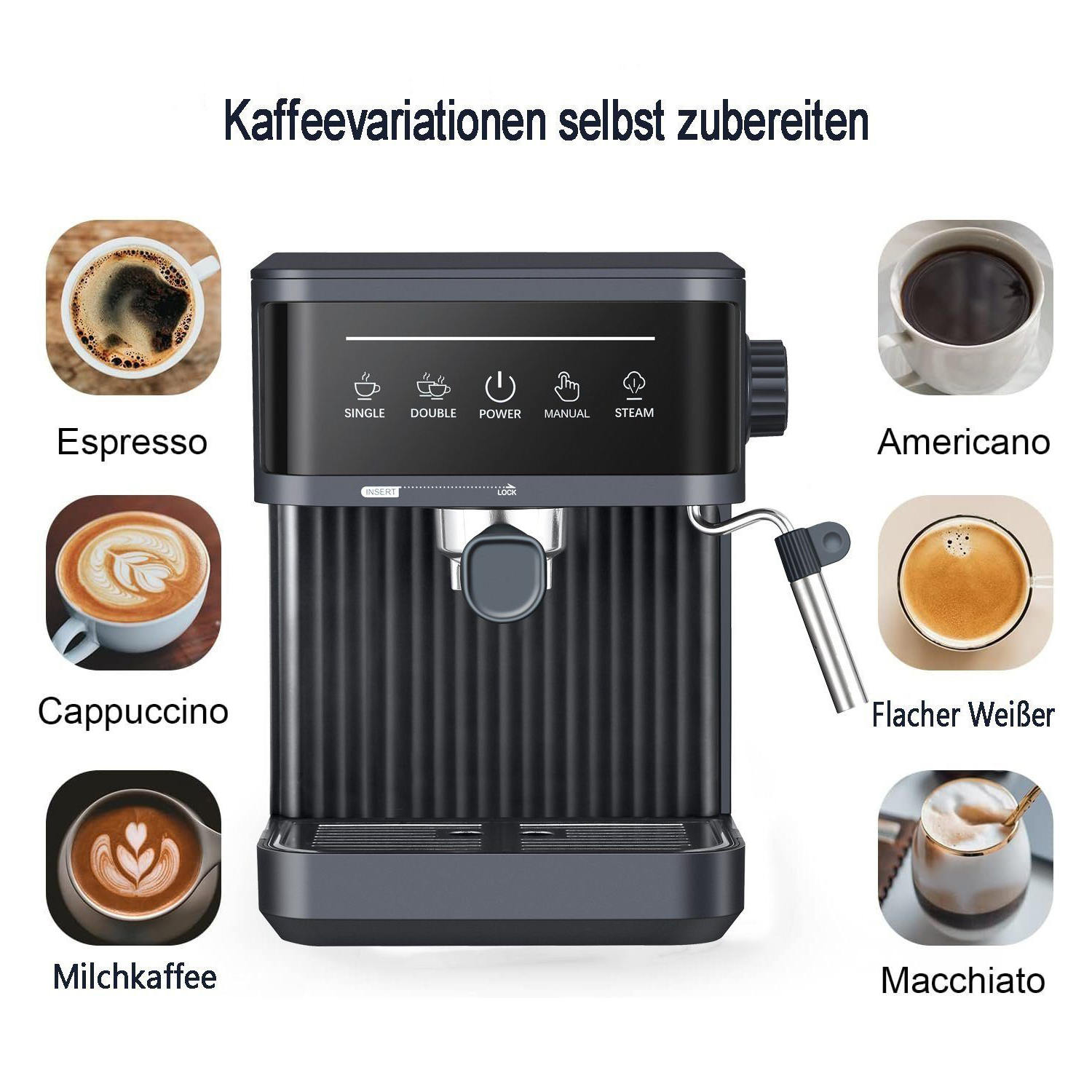 Espressomaschine mit Kaffeesorten. Enthält Espresso, Cappuccino und andere Kaffeegetränke.