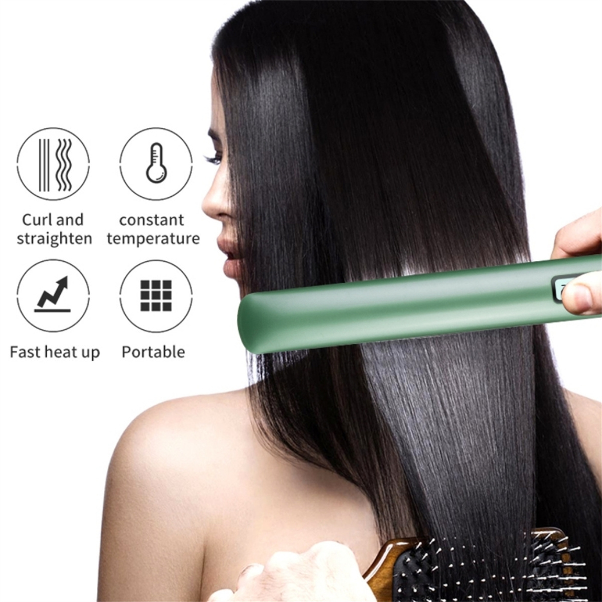 Frau benutzt einen grünen Haarglätter. Symbole zeigen Funktionen wie Locken, Hitze und Portabilität.