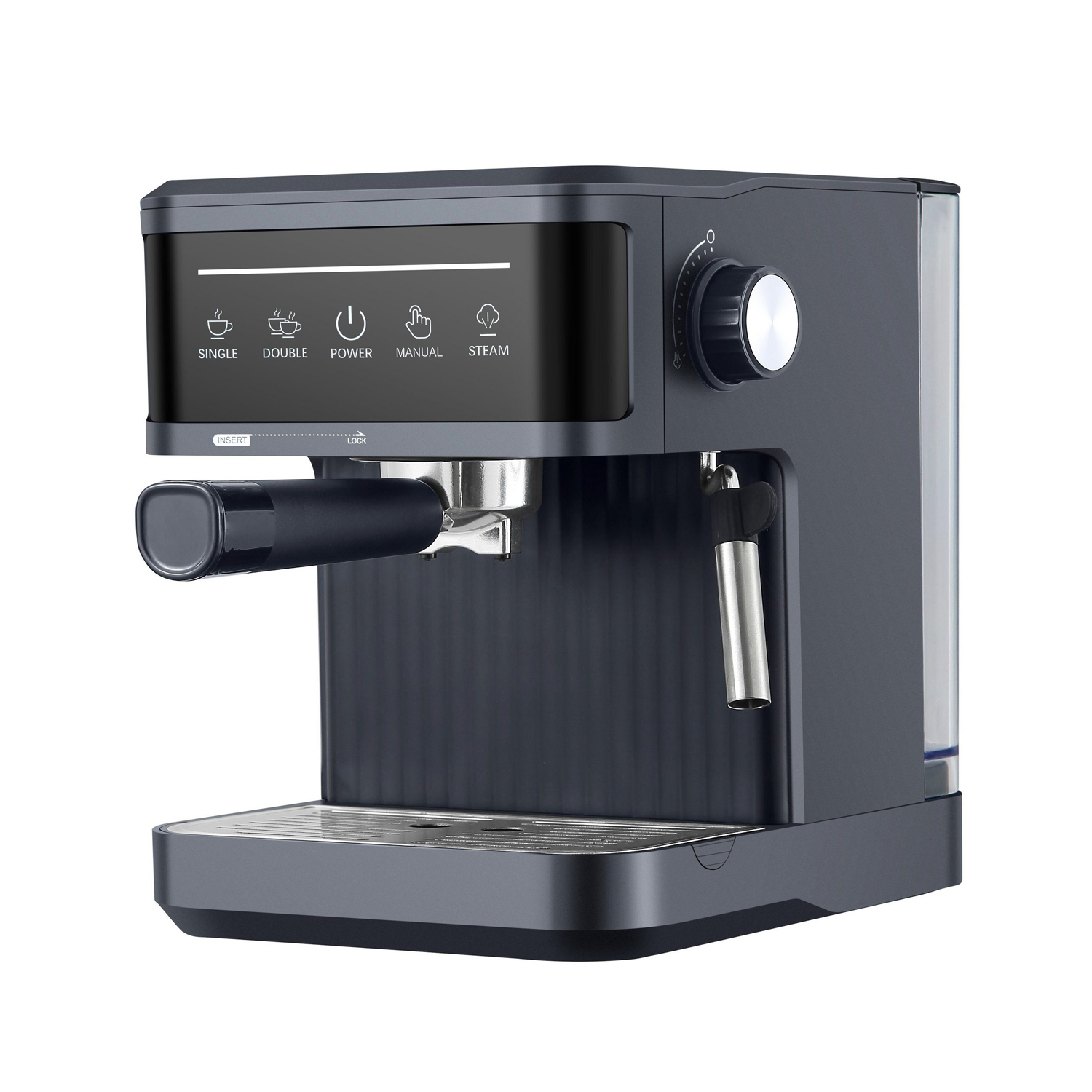 Dunkelgraue Espressomaschine. Sie hat Knöpfe für einfach, doppelt, Strom, manuell und Dampf.