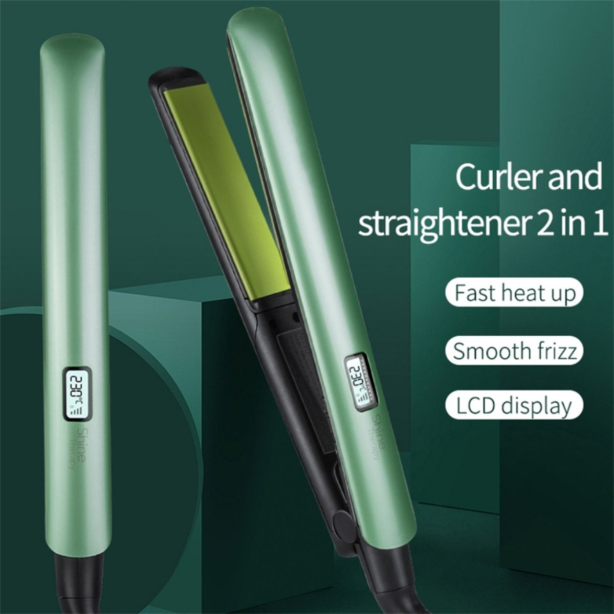 Ein grüner Haarglätter mit LCD-Anzeige. Der Text wirbt für schnelles Aufheizen und glatte Kräuselkontrolle.