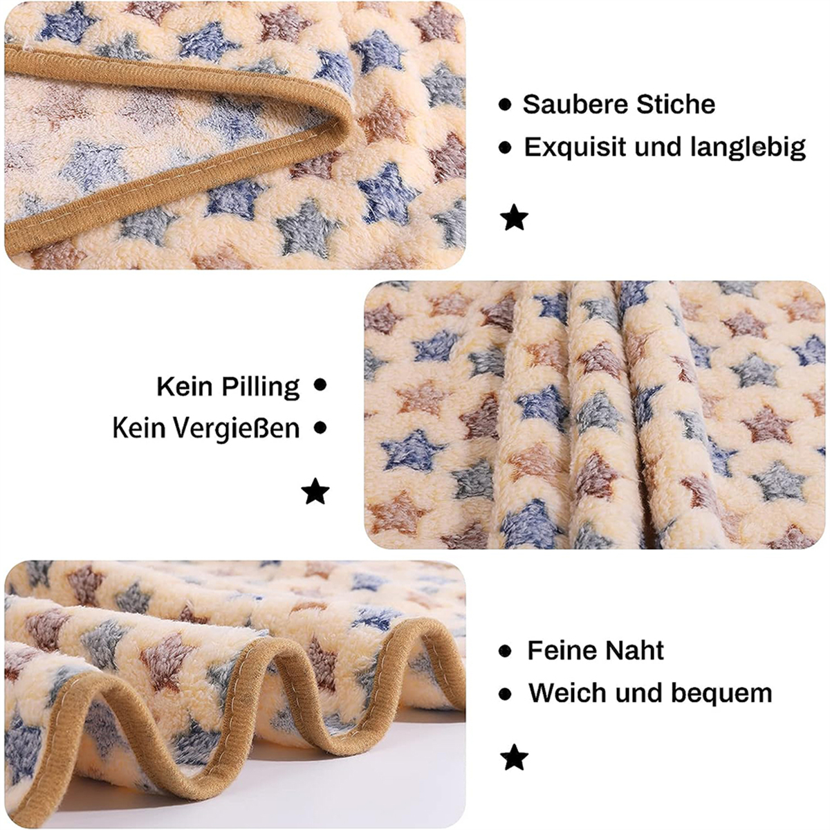 Eine beige und braune sternförmige Decke mit Details zu Nähten und Komfort.