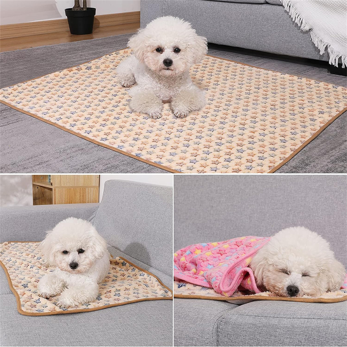 Ein weißer Hund auf einer gemusterten Decke und zwei weitere Bilder mit dem Hund auf ähnlichen Decken.