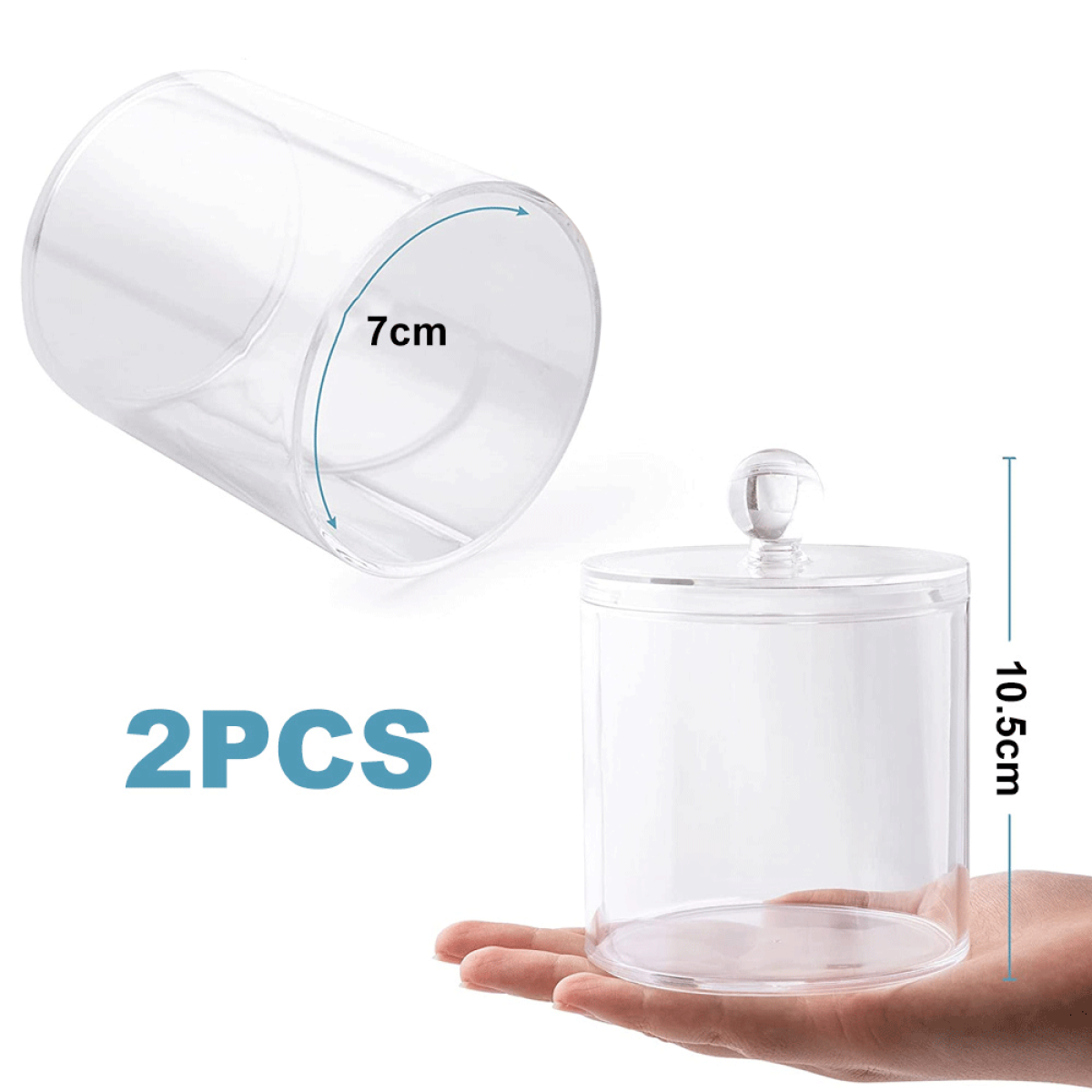 Zwei transparente Acrylgläser mit Deckeln. Eines ist voll, das andere offen mit 7 cm Durchmesser, 10,5 cm hoch.
