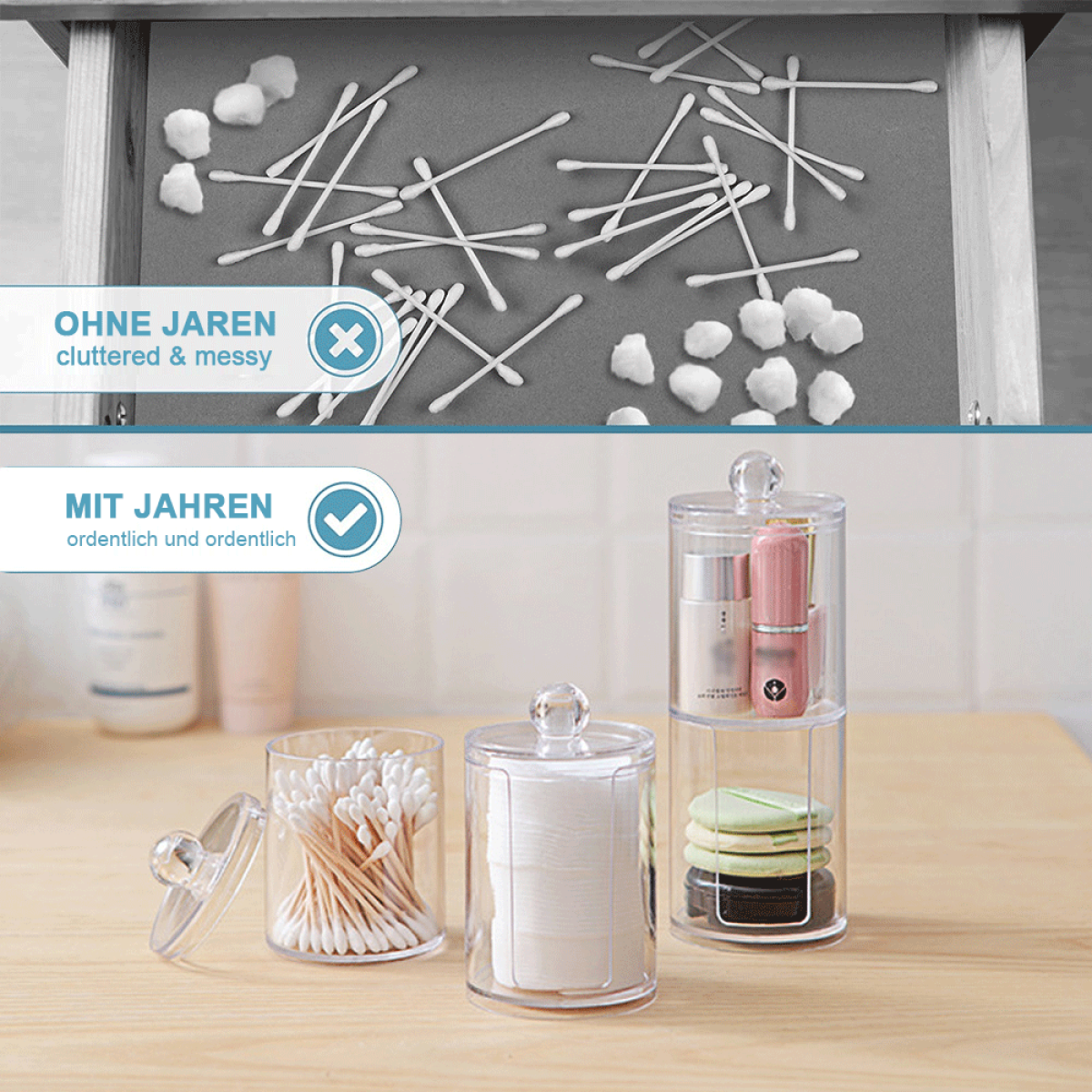 Vergleich einer unordentlichen und einer aufgeräumten Badezimmer-Arbeitsplatte mit Wattestäbchen und anderen Artikeln in Behältern.