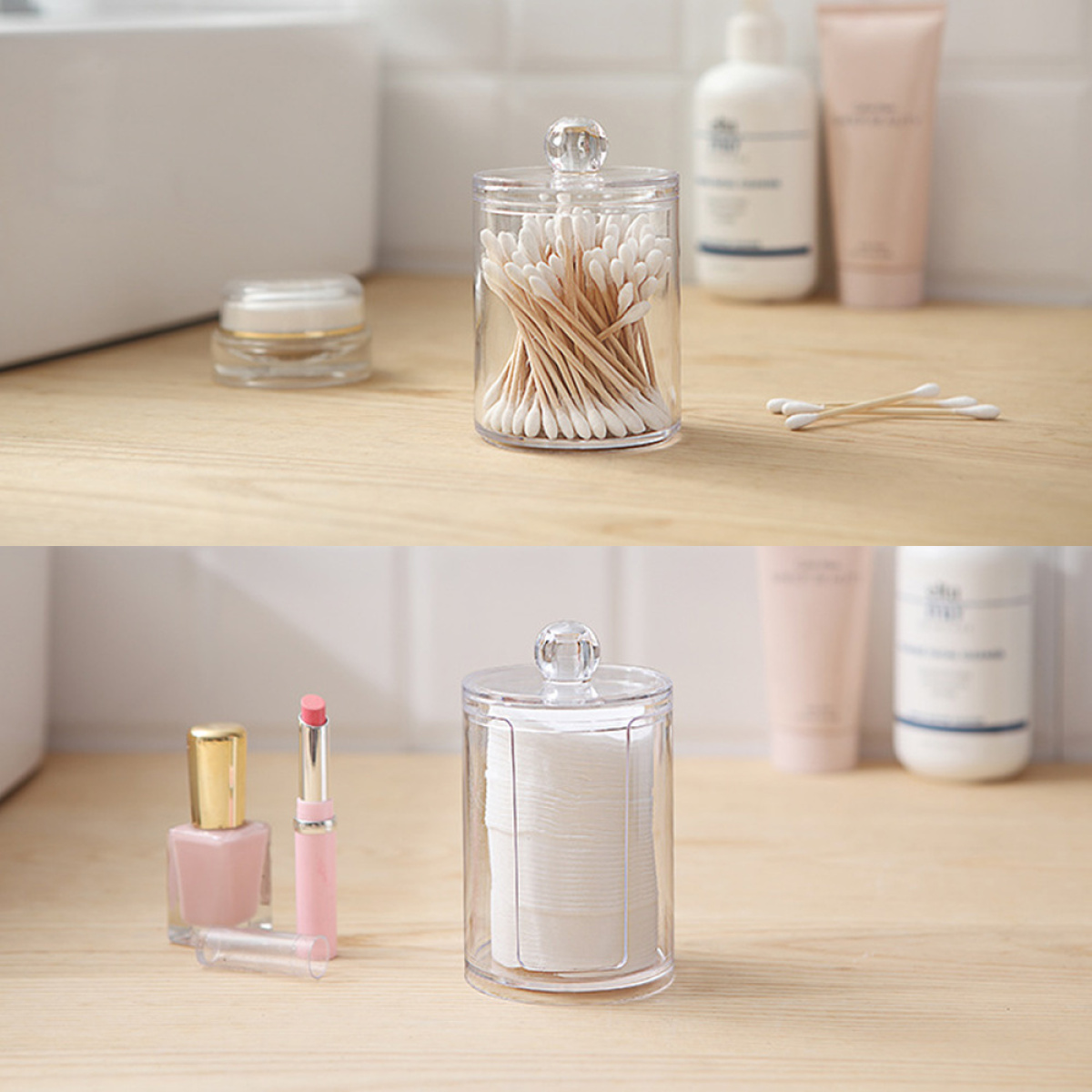 Badezimmer-Theke mit Wattestäbchen, Wattepads, Make-up und Lippenstift. Klare Behälter.
