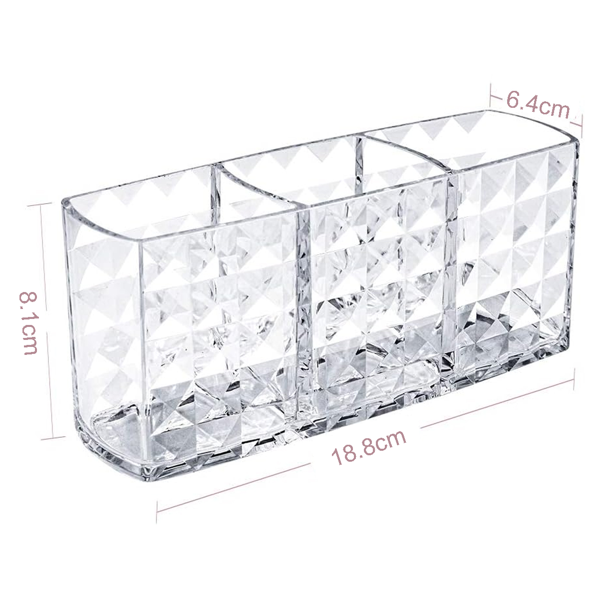 Ein klarer Make-up-Organizer aus Acryl mit drei Fächern. Abmessungen in Zentimetern werden angezeigt.