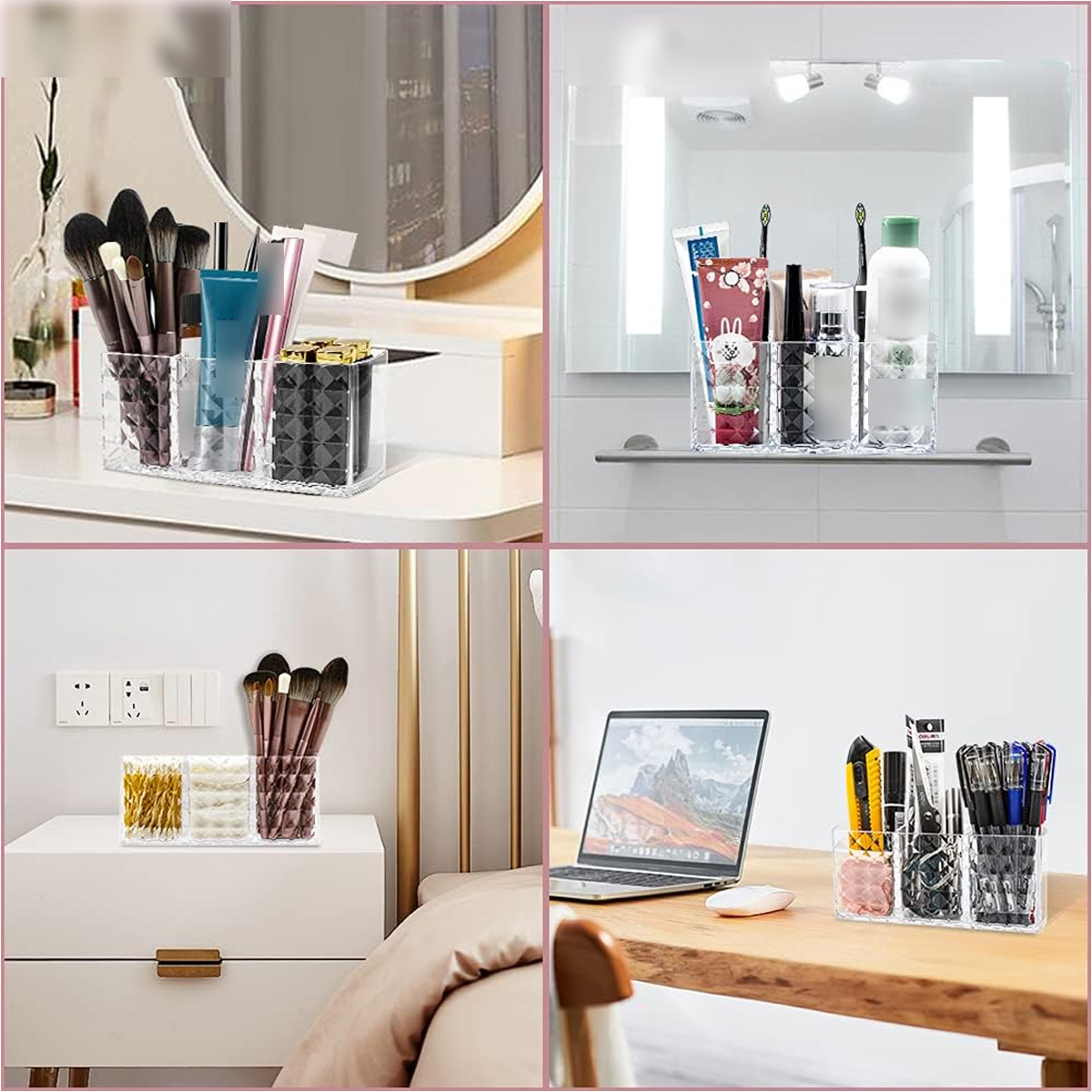 Vier Fotos von transparenten Acryl-Organizern mit Make-up und Toilettenartikeln.