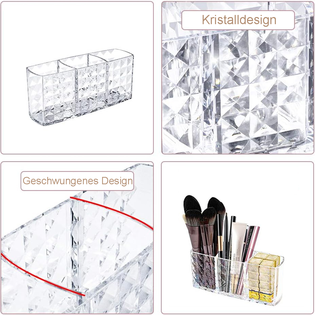 Kristall-Make-up-Organizer mit Fächern, Nahaufnahmen von Details. Enthält Pinsel und Make-up.