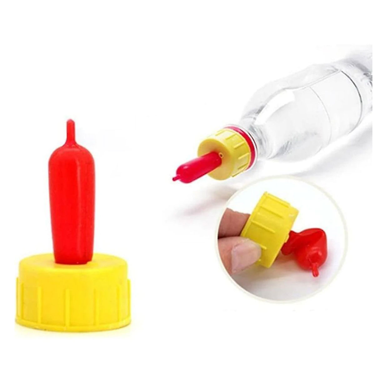 Ein roter Schnuller auf einer gelben Kappe, mit einer Flasche und anderen Teilen.