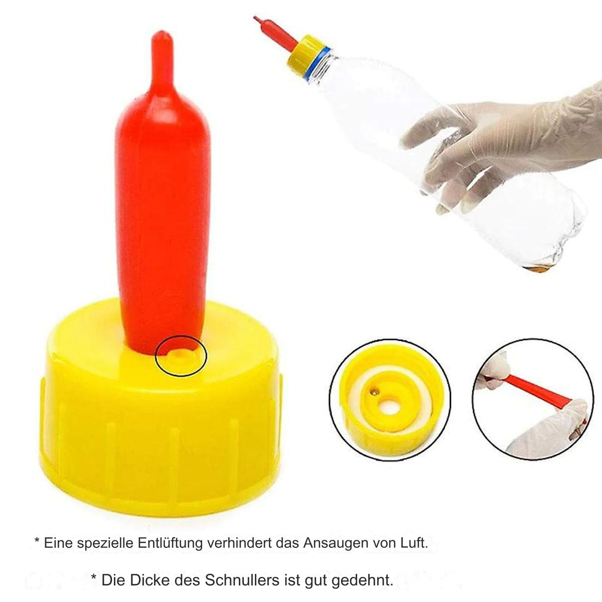 Babyflaschensauger mit gelbem Sockel, rotem Flaschenteil, weißer Hintergrund.