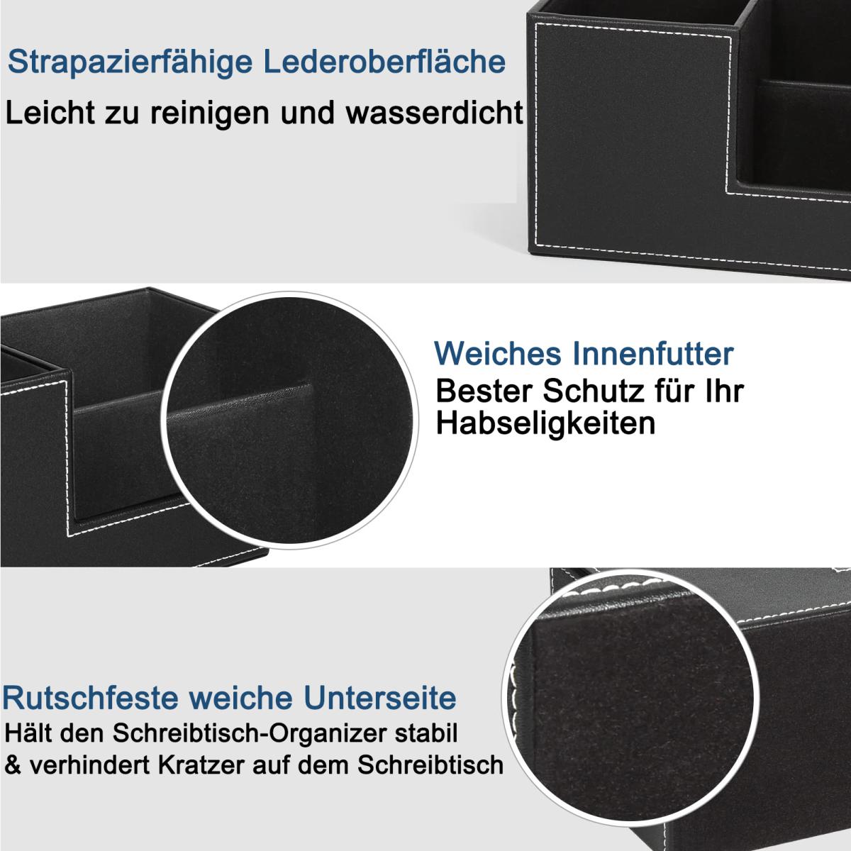 Schwarzer Schreibtisch-Organizer mit weißen Nähten. Eigenschaften: Strapazierfähiges Leder, weiches Innenfutter und rutschfester Boden.