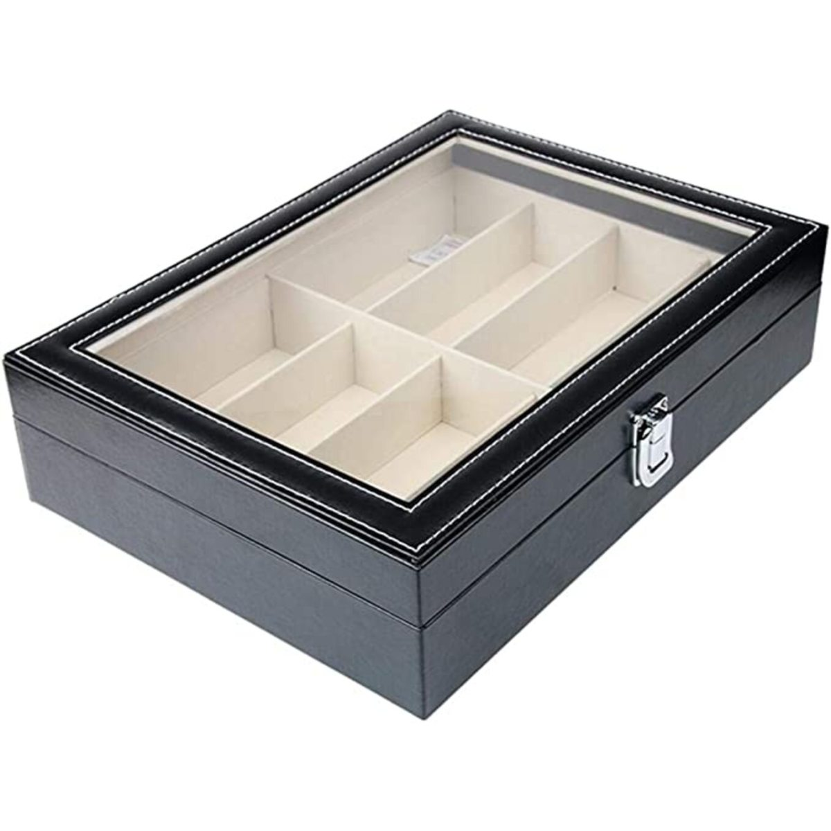 Schwarze Box mit klarer Glasoberseite. Innenraum in sechs rechteckige Fächer unterteilt.