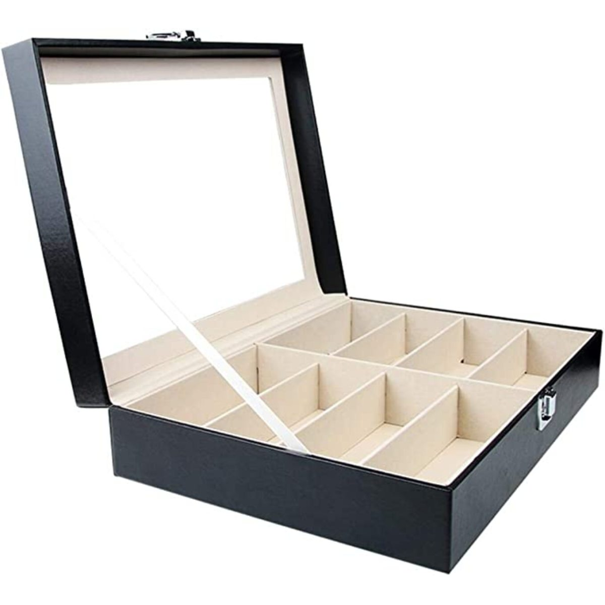 Offene schwarze Schmuckschatulle mit Fächern und einem Deckel aus klarem Glas.