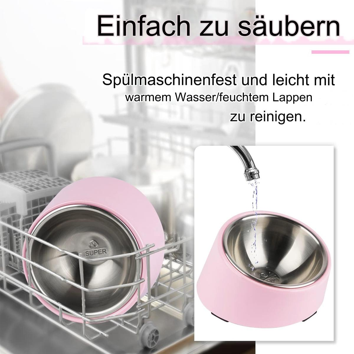 Rosa Futternapf in einer Spülmaschine. Ein Wasserhahn gießt Wasser in einen ähnlichen Napf. Text sagt, dass er leicht zu reinigen ist.