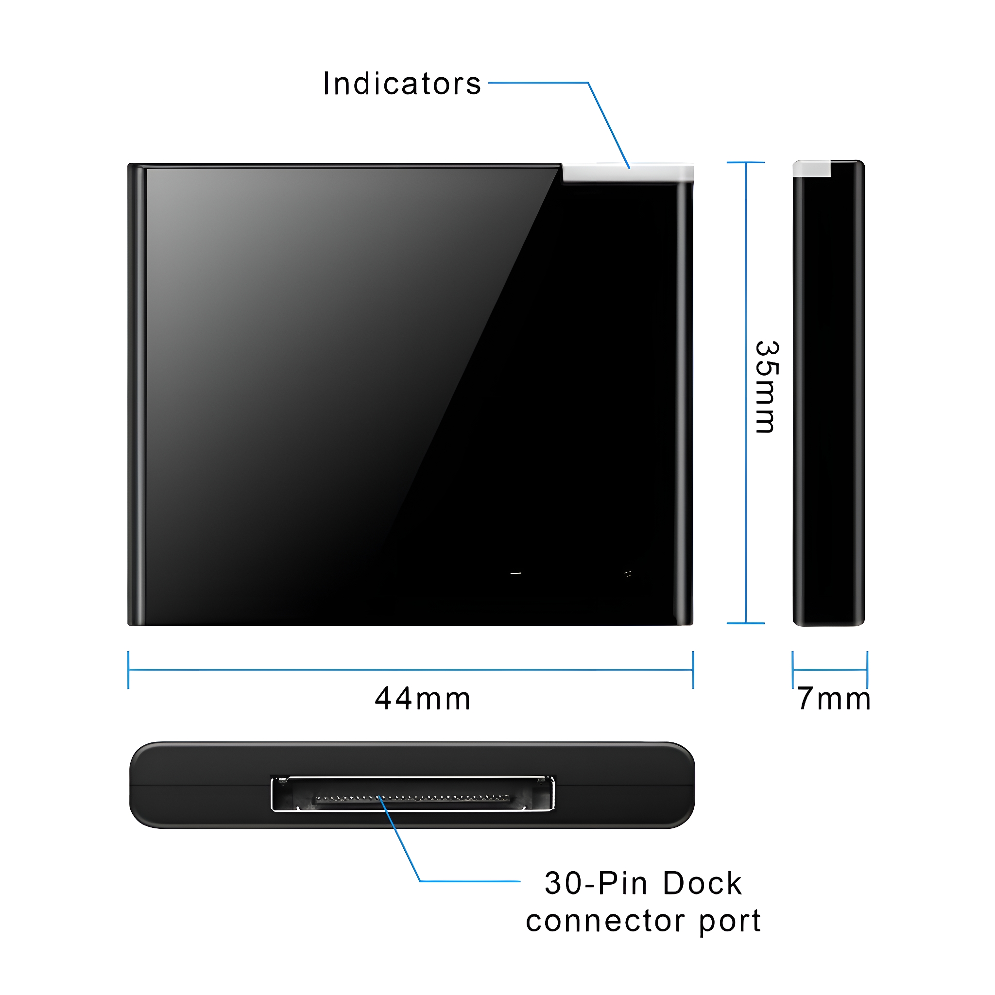 Ein schwarzes quadratisches Gerät mit einem 30-Pin-Dock-Anschluss, beschriftete Abmessungen von 44x35x7mm.