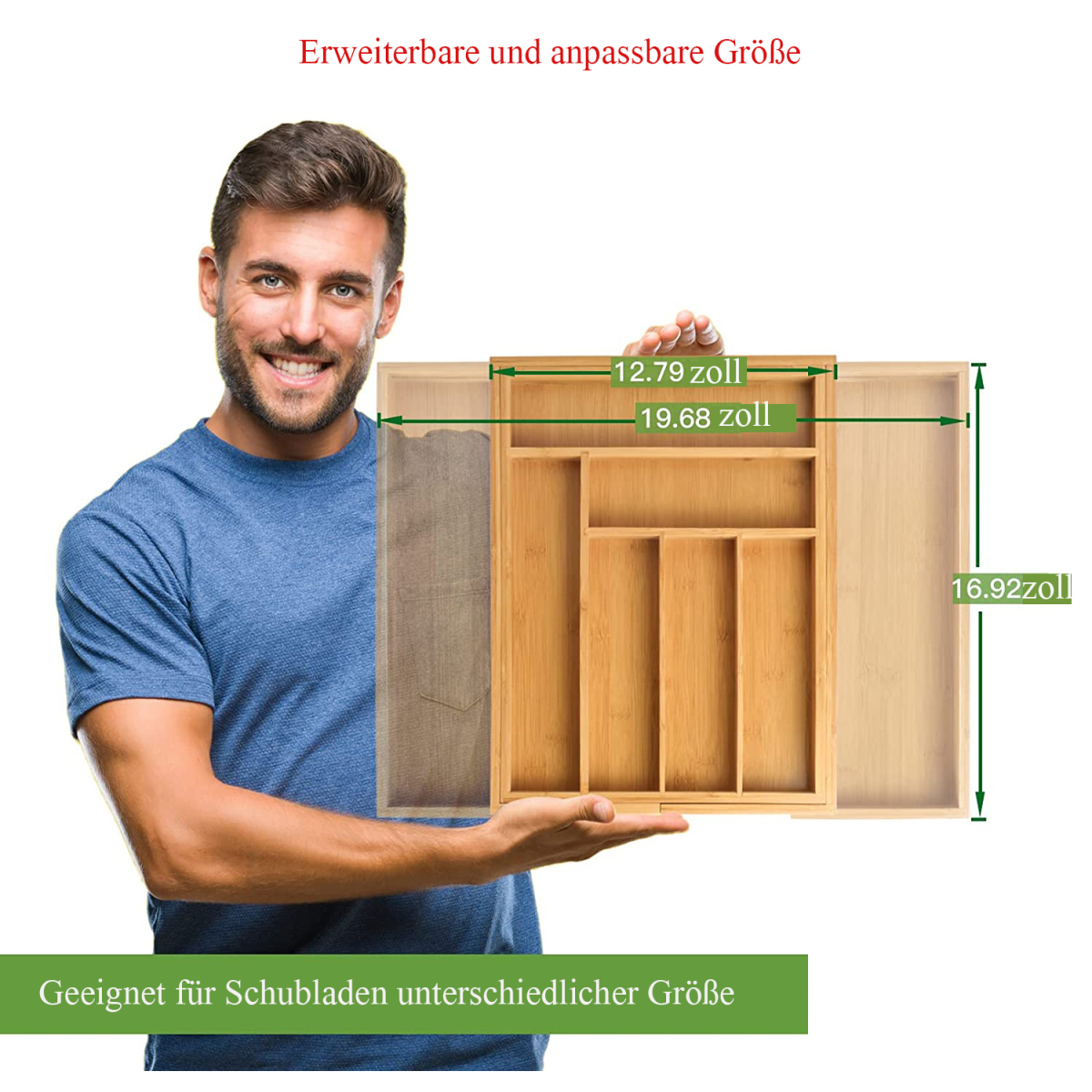 Ein Mann hält eine offene Holzschublade mit Fächern. Abmessungen sind angegeben.