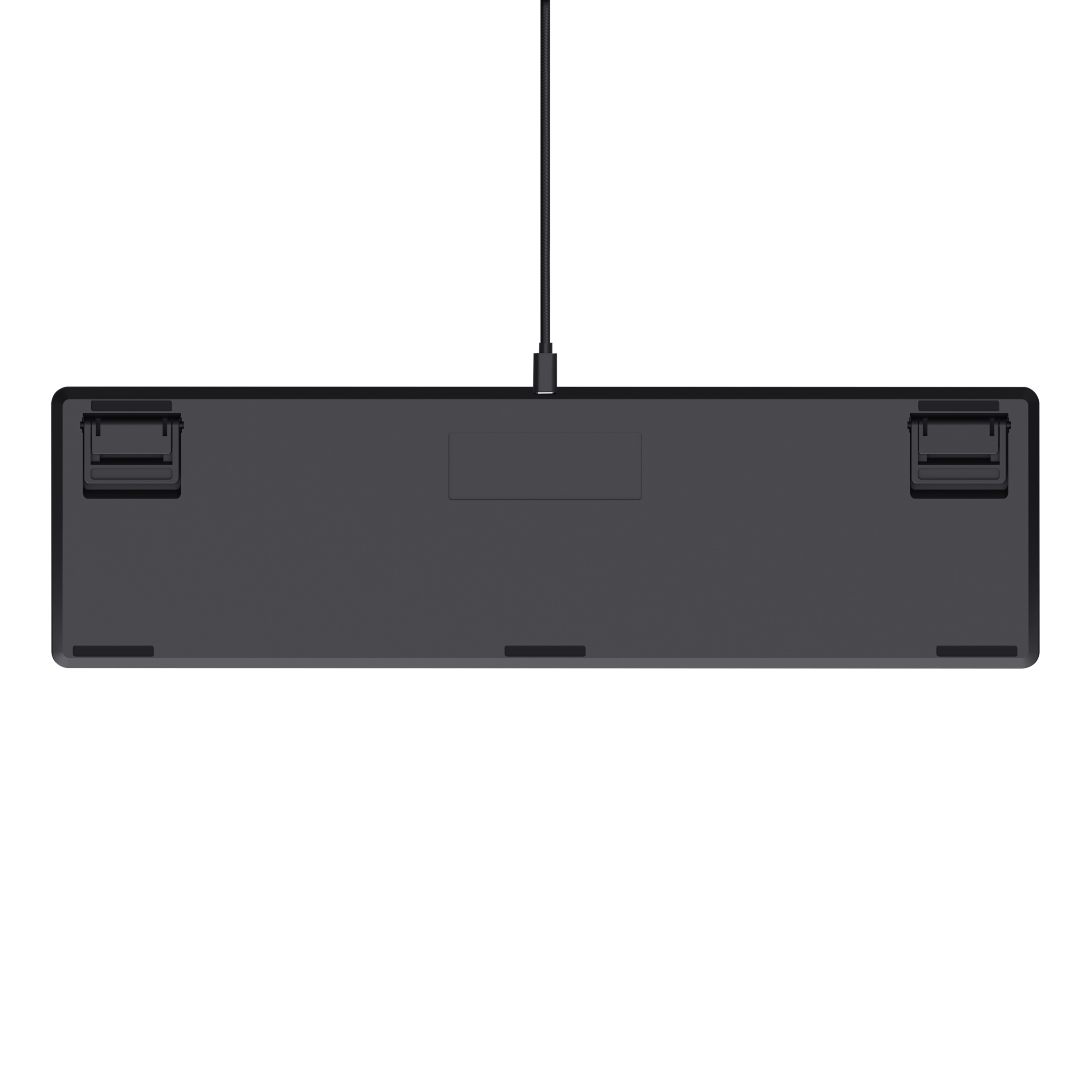 Czarna klawiatura, widok z góry, podłączony kabel USB-C, na czarnym tle.