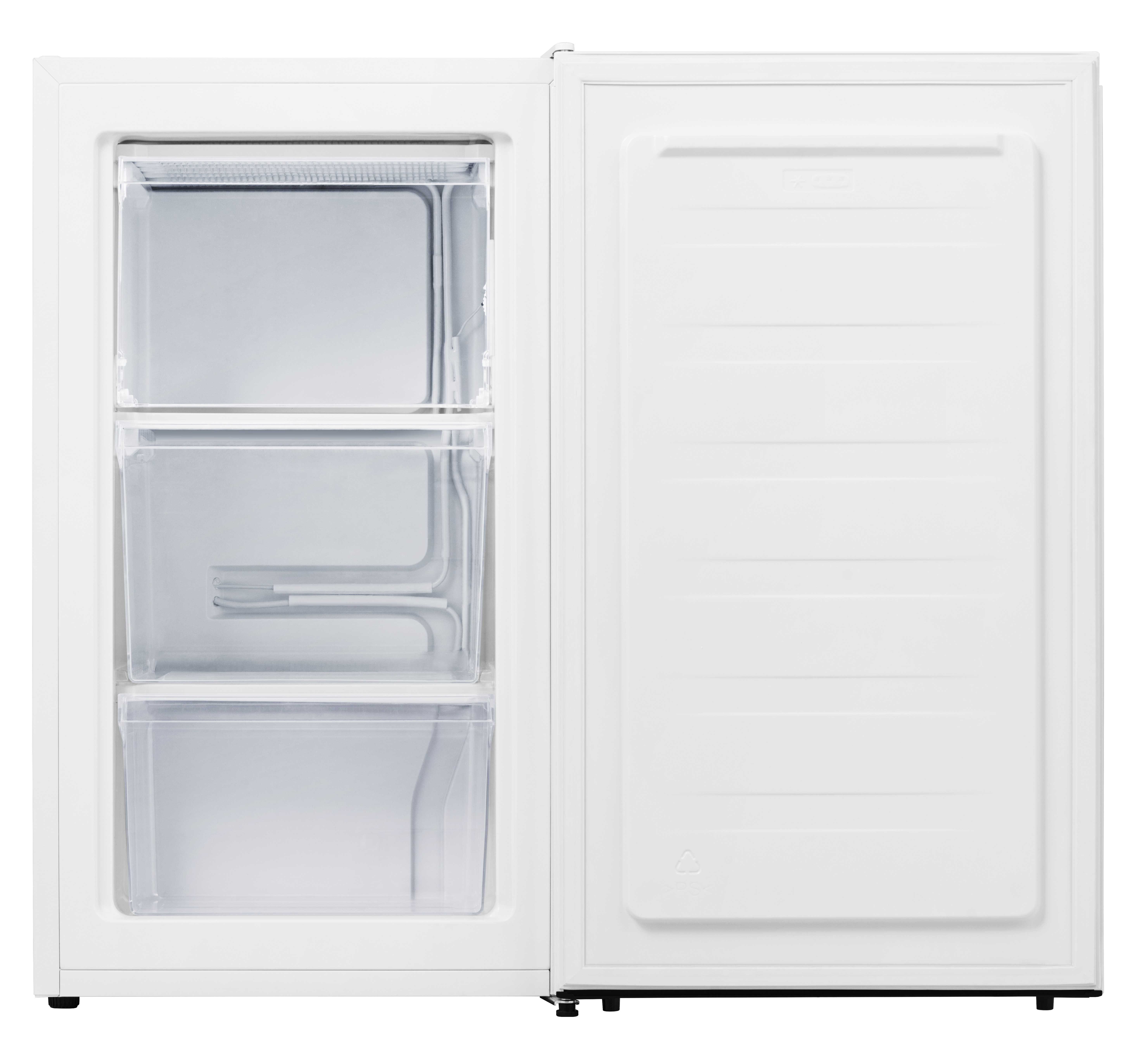 Weißer Kühlschrank mit offener Tür. Drei transparente Schubladen sind sichtbar. Weißer Hintergrund.