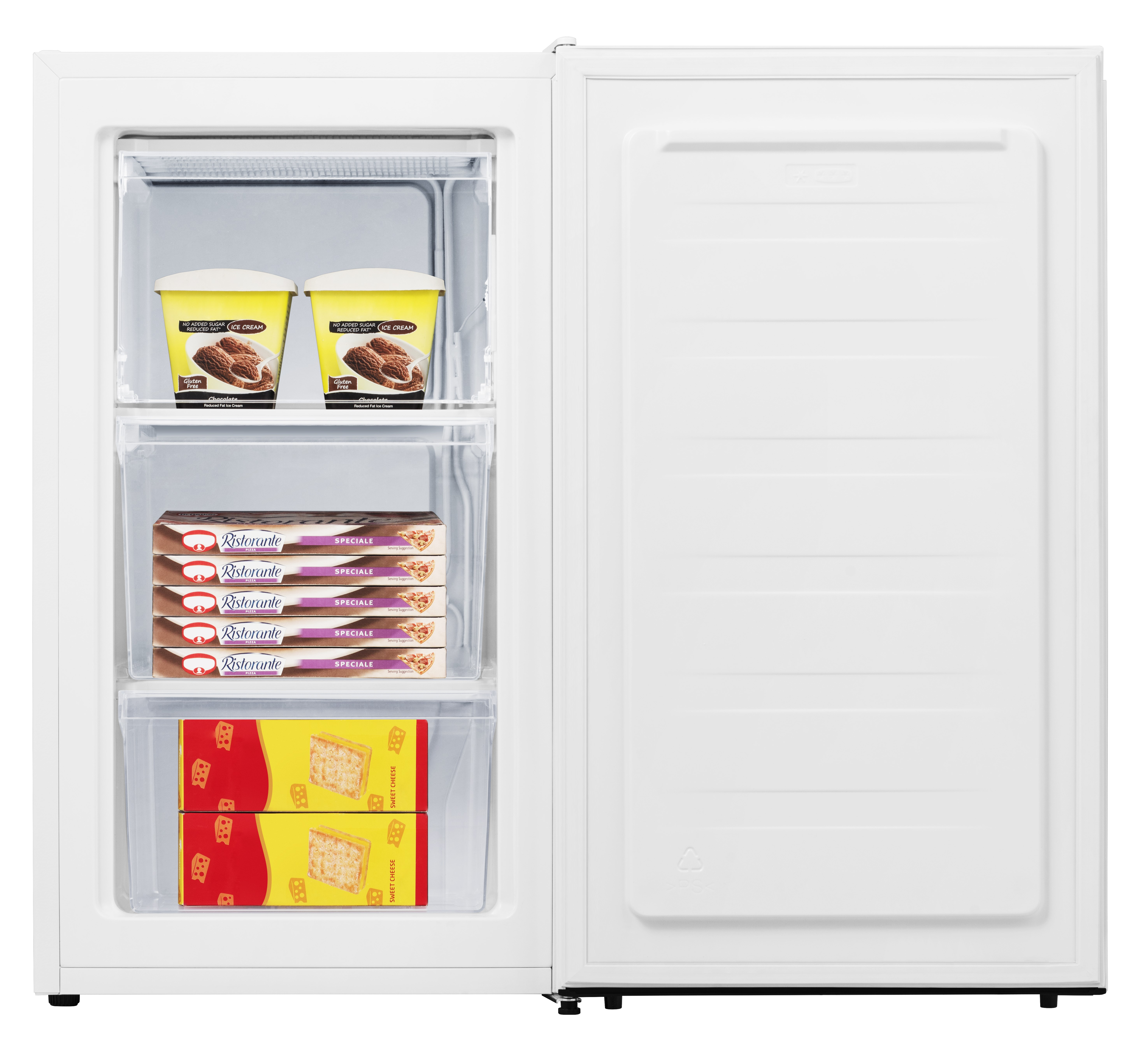 Offener Kühlschrank mit Eis und gefrorenen Pizzen in den Fächern.